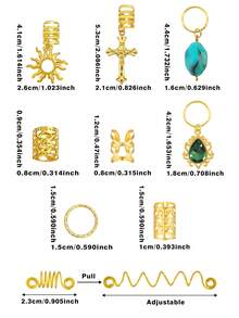 47PCS Gold Hair Jewelry For Braids Cross Sun Braid Clips Multi Style Loc Dreadlock Beads Sprial Green Rhinestone Braid Accessories For Women And Men - Gold - View 6