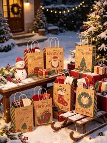 1 Set Christmas Kraft Paper Gift Bags, Perfect For Holiday Gifting, Parties, Markets And Gift Exchanges, Suitable For Packaging Small Gifts And Party Favors, An Excellent Choice For Holiday Gift Wrapping - Multicolor - View 2