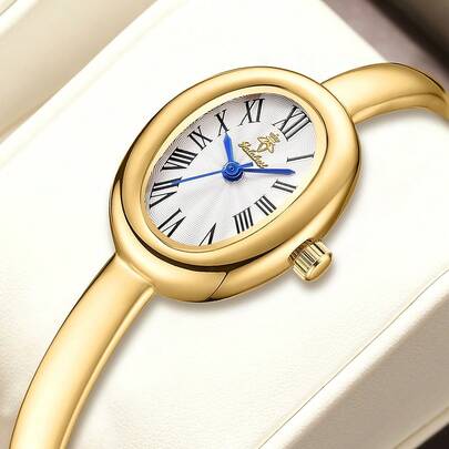 Reloj de cuarzo elegante para mujer de la marca YaLaLuSi, 1 pieza, con exquisita esfera ovalada, marcas de números romanos, patrón de ondas en forma de abanico, reloj tipo pulsera, estilo de moda, adecuado para diversas ocasiones como trabajo, salidas, viajes, etc., regalo perfecto para mamá, novia, mejor amiga, Día de San Valentín, Navidad, cumpleaños, temporada de graduación y otras festividades