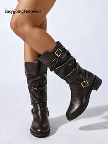 Winter Slouch Boots, Metal Double Buckle, Loose Pleated Shaft, Round Toe Chunky Heel. Solid Color Versatile, Vintage Western Style, Suitable For Daily Wear. - Brown - View 10