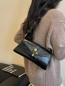 Fashion Solid Color PU Flap Shoulder Bag, Metal Decoration, Suitable For Women Shopping, Dating, Gift And Daily Use - Black - View 4