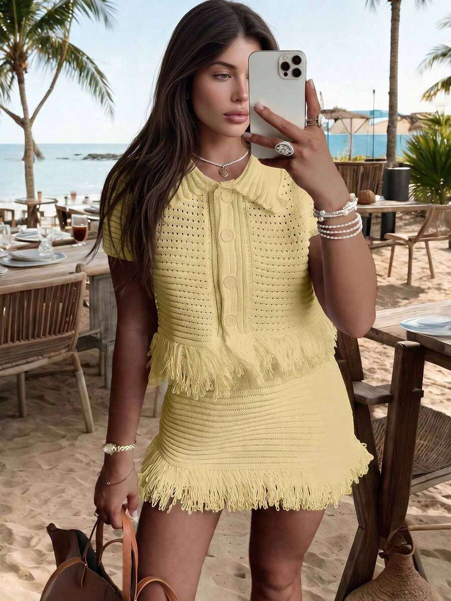 Y2K Women's 2 Pieces Crochet Knit Set: Short Sleeve Button Top + Ruffled Hem Mini Skirt. Size Runs Large, Recommend Choosing One Size Down Elegant - Yellow - View 1