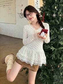 甜美蕾絲飾邊波點女款基礎層上衣 秋季韓風蝴蝶結內搭長袖T恤 夏季 - 杏色 - 查看 5