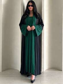 Contrast Color Open Front Abaya Set With Matching Hijab, Flare Sleeve Elegant Muslim Long Robe, Dubai Style Islamic Outfit - Multicolor - View 6