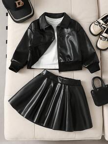 Galaxy Graffiti 4-7 Years Old Girls 2-Piece Outfit Set, Lapel Zipper Motorcycle Jacket + A-Line Pleated Mini Skirt, Cool Street Style, Suitable For Daily Wear, Party And Stage - Black - View 2
