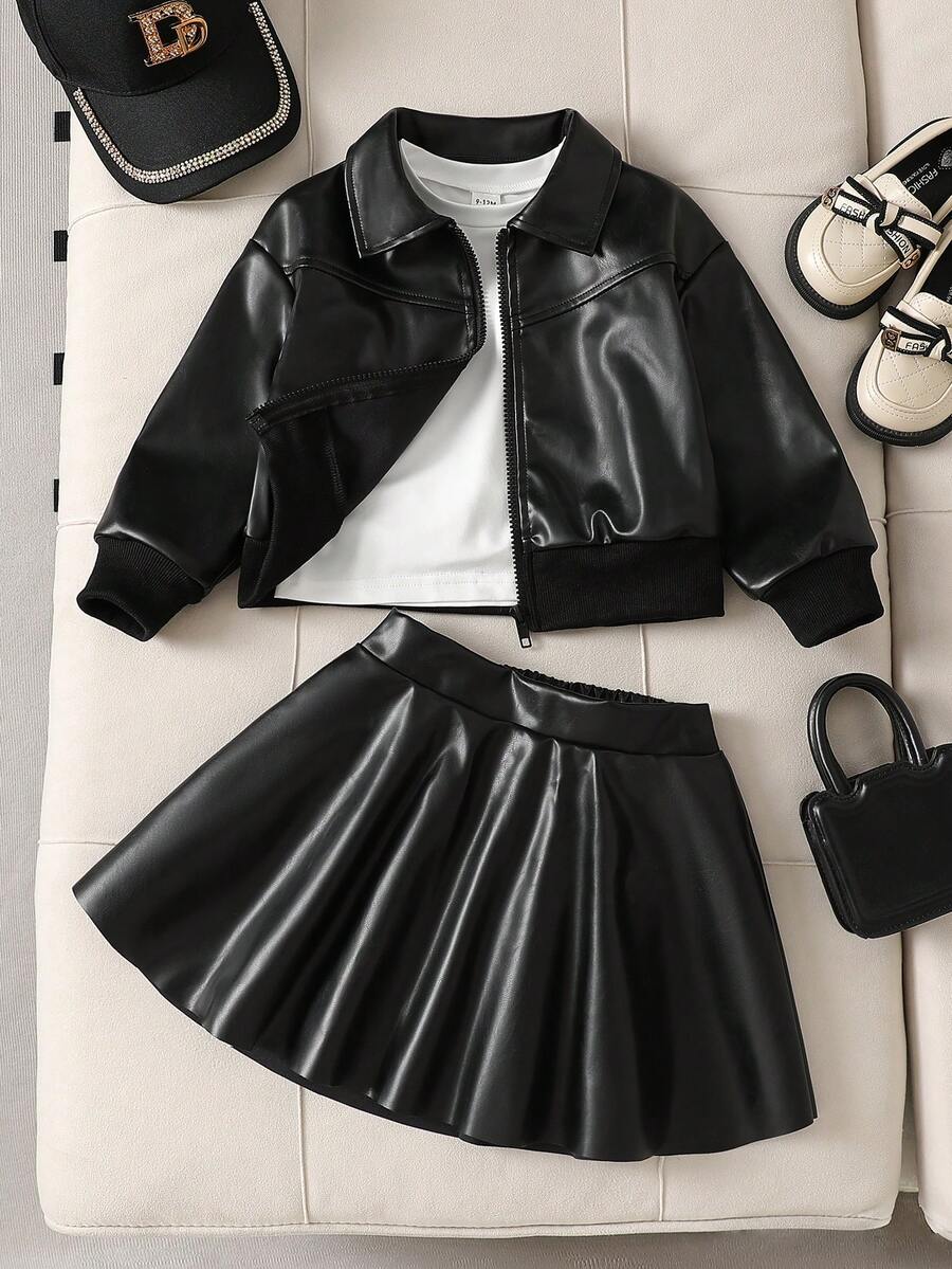 Galaxy Graffiti 4-7 Years Old Girls 2-Piece Outfit Set, Lapel Zipper Motorcycle Jacket + A-Line Pleated Mini Skirt, Cool Street Style, Suitable For Daily Wear, Party And Stage - Black - View 1