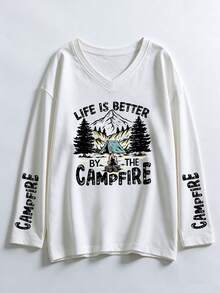 Plus Size V‑Neck Long Sleeve Tee, Life Is Better By The Campfire Camping Print Casual Loose Top For Curvy Women - White - View 3