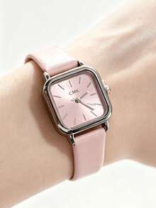1pc Women's Silver Frame Pink Small Watch, Pink Leather Strap, Minimalist Gentle Elegant Style, Simple Square Light Pink Dial, Exquisite Women's Hand Accessory, Versatile For Daily Wear, Suitable For Graduation Commemoration, As A Luxury Pink Accessory Gift For Women - Pink - View 2