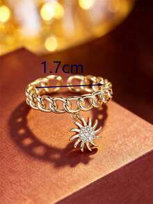 1pc Niche Luxury Sun Pendant Chain Ring, Cuban Chain Open Ring Band, Sun Pendant Design, Personalized Accessory Gift Jewelry For Women - Ring - View 6