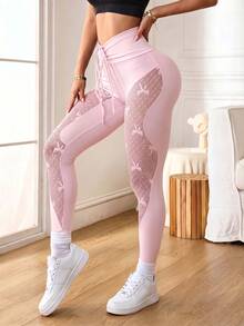 New Women's Patchwork Mesh Yoga Leggings, Drawstring Waist Design, Tummy Control & Butt Lift High Elastic Fabric, Suitable For Yoga, Outdoor Sports, Daily Wear - Pink - View 3