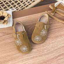 Girls' Vintage Embroidered Flat Shoes, Soft Sole Hook And Loop Casual Leather Shoes - Camel - View 5