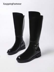 Women's Autumn/Winter Side Zipper Buckle Low Heel Riding Boots, Round Toe Comfortable, Easy To Care, Versatile For Party And Commute - Black - View 3