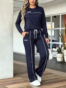 Women Autumn Casual Sports Contrast Striped Side Long Sleeve T-Shirt And Loose Wide Leg Pants Set,Back To School - Navy - View 5