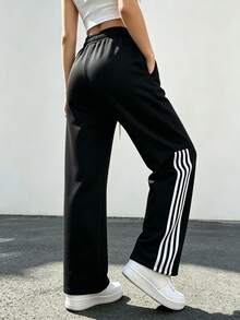 Women's Side Stripe Wide Leg Sweatpants, Drawstring Elastic Waist Loose Casual Streetwear Outdoor Long Pants, Straight Leg Sports Long Pants - Black - View 3