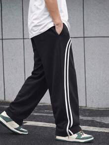 1pc Teen Boys Striped Wide Leg Casual Sports Loose Street Style Straight Leg Long Pants - Black - View 3