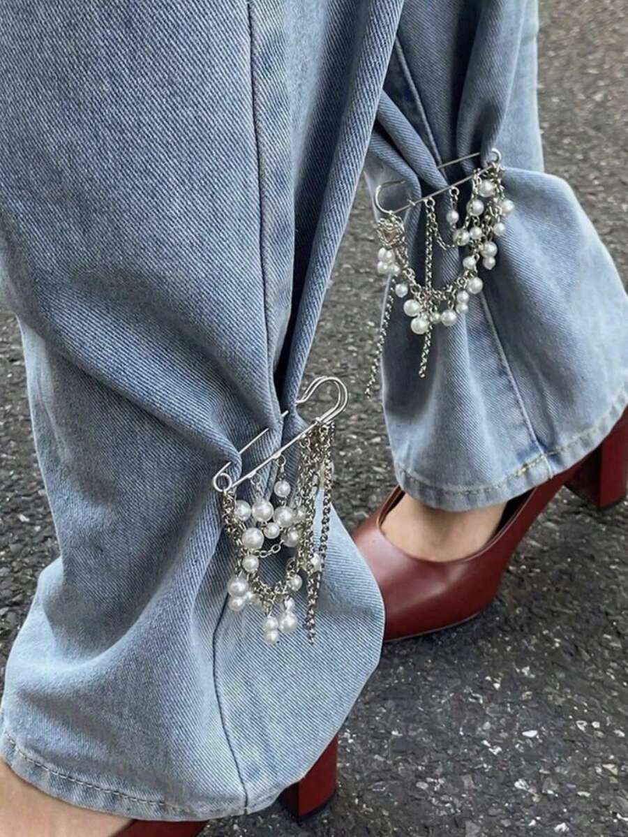 1pc Women's Adjustable Brooch, Pant Chain, Decorated With Pearls And Chain Link Design - Punk Rock Style Belt, Suitable For Jeans, Trousers, Skirts And Body Accessories, A Cute Hip-Hop Style Accessory For Women, Perfect For Parties, Festivals, Concerts, Holidays And Daily Y2K Style Occasions - Silver - View 1