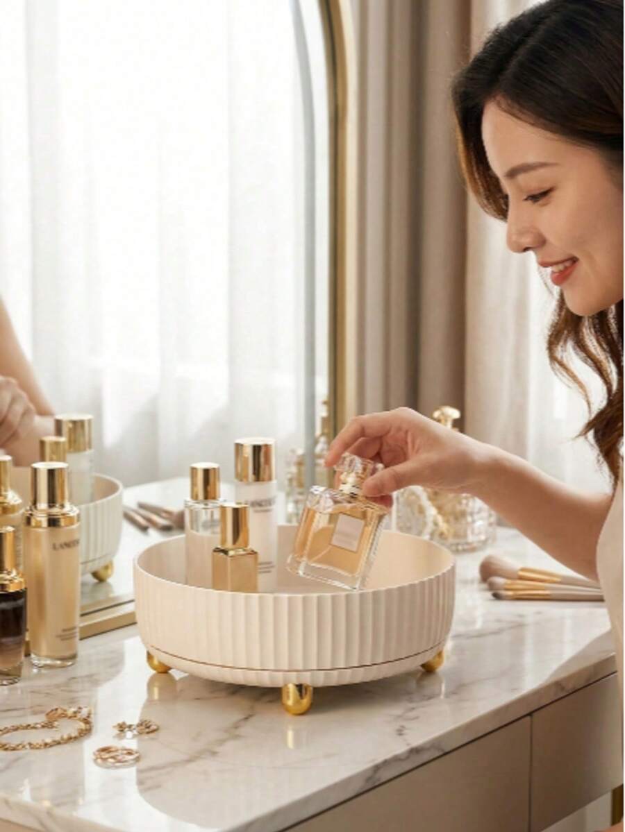 1pc 360° Rotatable Large Capacity Multi-Functional Storage Box, Plastic Storage Tray With Gold Legs, Simple And Elegant, Suitable For Bathroom, Kitchen, Office, Living Room, Vanity, Space-Saving, Modern Decor Centerpiece, Rounded Edges, Beautiful And Practical - Multicolor - View 1
