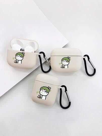 1pc Anime Style Green Hair Three-Sword Style Swordsman Bluetooth Earphone Protective Case, Cream White TPU Soft Shell With Grass-Biting Swordsman Illustration Print, Black Earphone Case Hook Anti-Loss Anti-Drop Full Coverage Protective Cover, Suitable For Personal Use, Birthday Gift Choice; Anime Niche Bluetooth Earphone Case, Giftforher Giftforhim, Compatible With Wireless Earbuds 1/2/3/4, Pro 1/2/3, Scratch-Resistant Shockproof, Fast Shipping