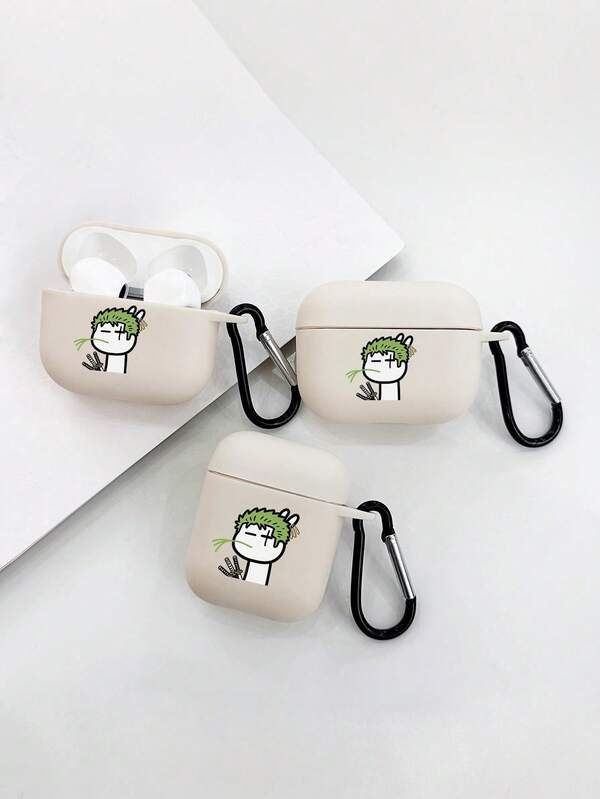 1pc Anime Style Green Hair Three-Sword Style Swordsman Bluetooth Earphone Protective Case, Cream White TPU Soft Shell With Grass-Biting Swordsman Illustration Print, Black Earphone Case Hook Anti-Loss Anti-Drop Full Coverage Protective Cover, Suitable For Personal Use, Birthday Gift Choice; Anime Niche Bluetooth Earphone Case, Giftforher Giftforhim, Compatible With Wireless Earbuds 1/2/3/4, Pro 1/2/3, Scratch-Resistant Shockproof, Fast Shipping