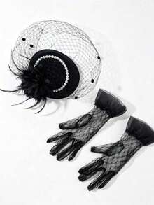 Mesh Hair Accessory Hat And A Pair Of Lace Gloves - Black - View 4