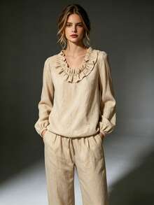Women Linen‑Look Ruffle Trim Round Neck Blouse, Casual Long Puff Sleeve Lo‑Fit Blouse For Daily Office - Khaki - View 4