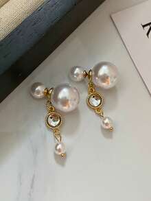 1 Pair Elegant Gentle Front And Back Faux Pearl Earrings Suitable For Women's Daily And Party Wear - White+Golden - View 7