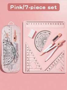 Transparent Case / 7-Piece Compass Set - Includes A Protractor And Straight Ruler For Precise Geometric Drafting, As Well As Set Squares And A Complete Stationery Kit.Multifunctional Exam And Study Stationery Bag. Back To School. - A - View 5