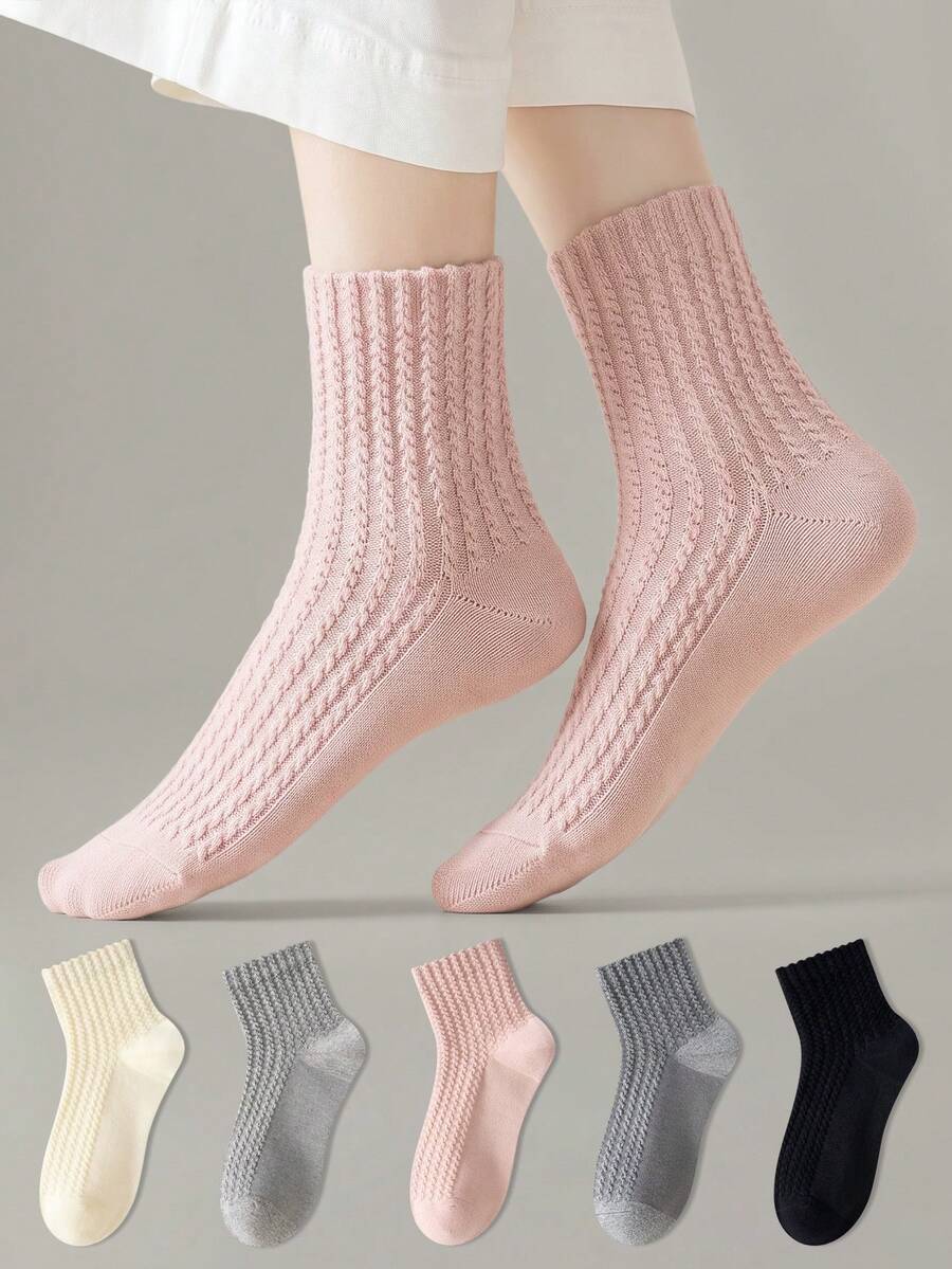ZUJO 5 Pairs Women's Mid-Calf Socks, 3D Cable Knit Long Socks, Comfortable Breathable Warm, Suitable For Spring Autumn Winter Sports And Daily Wear - Multicolor - View 1