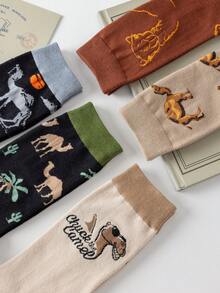 1/5 Pairs Personalized Camel Illustration Mid-Calf Socks, Retro Japanese Street Style Versatile Long Socks, Unisex - Multicolor - View 5