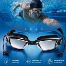 One Pair Of High-Definition Waterproof And Anti-Fog Swimming Goggles, With Earplugs, Unisex, Large Frame Electroplated, Swimming Gear - Quick-Adjustable Silicone Strap Suitable For Pool, Beach And Other Summer Recreational Activities. - 1 - View 1