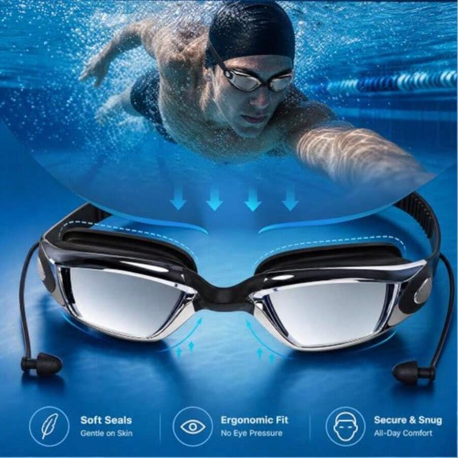 One Pair Of High-Definition Waterproof And Anti-Fog Swimming Goggles, With Earplugs, Unisex, Large Frame Electroplated, Swimming Gear - Quick-Adjustable Silicone Strap Suitable For Pool, Beach And Other Summer Recreational Activities. - 1 - View 1