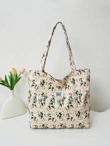 Fresh Colorful Floral Contrast Fabric Label Large Capacity Shoulder Tote Bag - Beige - View 6