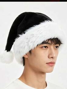 Black & Red Long Plush Christmas Hat, Thick Fleece Large Pom Pom Christmas Party Hat - A - View 11