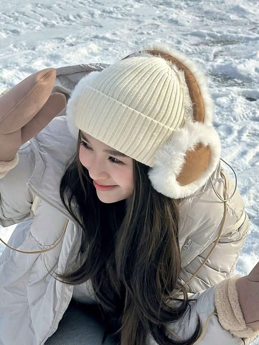 1Pc Fashion Spliced Suede‑Fur Earmuffs, Foldable Thick Warm Winter Earmuffs With Thermal Lining, Suitable For Cycling, Keep Ears Warm Against Cold - A - View 1