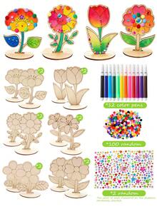 6/12pcs DIY 3D Wooden Flower Spring Art, Includes Unfinished Painted Wooden Flowers, Colorful Rhinestones, 12 Colored Pens, Painting Tools, Desktop Decoration, Suitable For Home Office, Wedding, Mother's Day Gift - Apricot - View 12