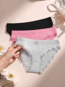 3pcs Solid Color Cotton Women's Underwear, Bow Lace Patchwork Ribbed Hipster Briefs, Comfortable Ladies Panties - Multicolor - View 2