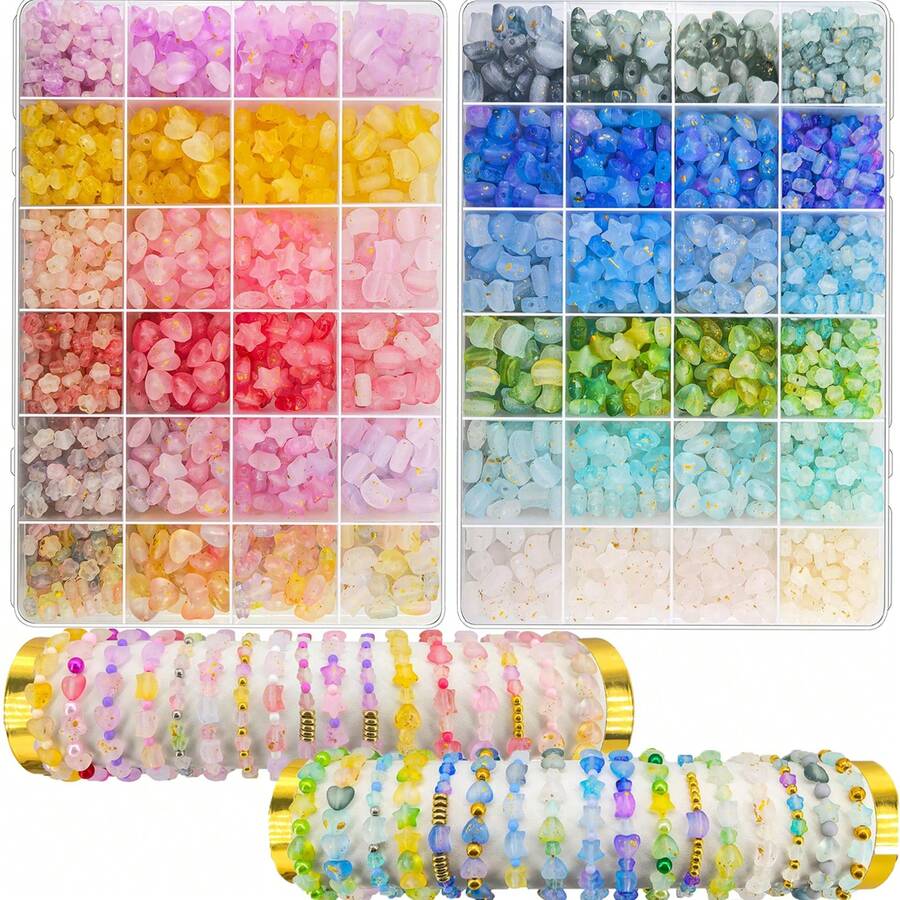 24 Colors Gold Foil Mixed Heart Star Irregular Acrylic Beads Box Kit, Multicolor Pastel Loose Beads, DIY Handmade Bracelet Necklace Earring Jewelry Making Accessories For Craft Beginners - A - View 1