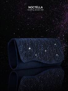 Noctella Shiny Rhinestone Women's Envelope Clutch Evening Bag, Luxury Women's Party Shoulder Bag Ball Bag, Paired With Shiny Rhinestone Pendant 2 Pieces Set, Rhinestone Pendant Necklace, Earrings, Suitable For Party, Gathering, Evening Banquet, Ball - Navy Blue - View 6