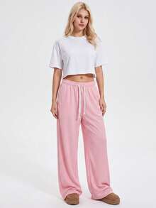 KyrLssu Women's Drawstring Elastic Waist Wide Leg Sweatpants, Casual Loose Fit Oversized Long Pants With Pockets - Pink - View 2