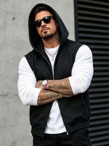 Men's Casual Vest, Solid Color Zipper Hooded Jacket, Lightweight Versatile Minimalist Men's Casual Vest - Black - View 6