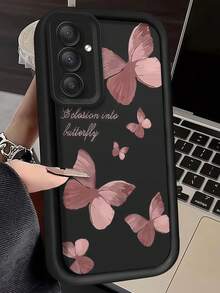 1pc Pink Brown Butterfly Phone Case, Beautiful Oil Painting Style Butterfly With Quote Text Soft TPU Shockproof Protective Phone Cover, Black Leather Frame Shockproof Soft TPU Protective Cover, Suitable For GALAXY, HONOR, Phone - Black - View 3