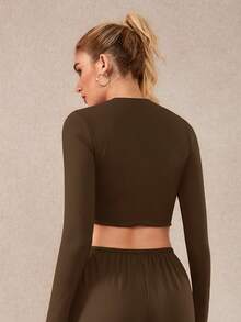 NcmRyu Women's 1pc Solid Color Frill Trim Round Neck Cropped Slim Fit Long Sleeve Sports Top, Autumn/Winter - Brown - View 3