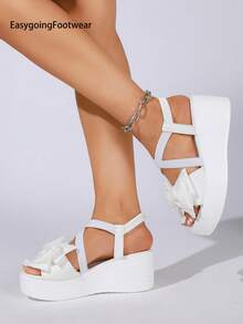 Women's Summer Sweet Bow Cross Elastic Wedge Sandals, Thick Sole, Polyurethane Lightweight Bottom, Versatile Elegant Style For Daily Wear And Vacation - White - View 4