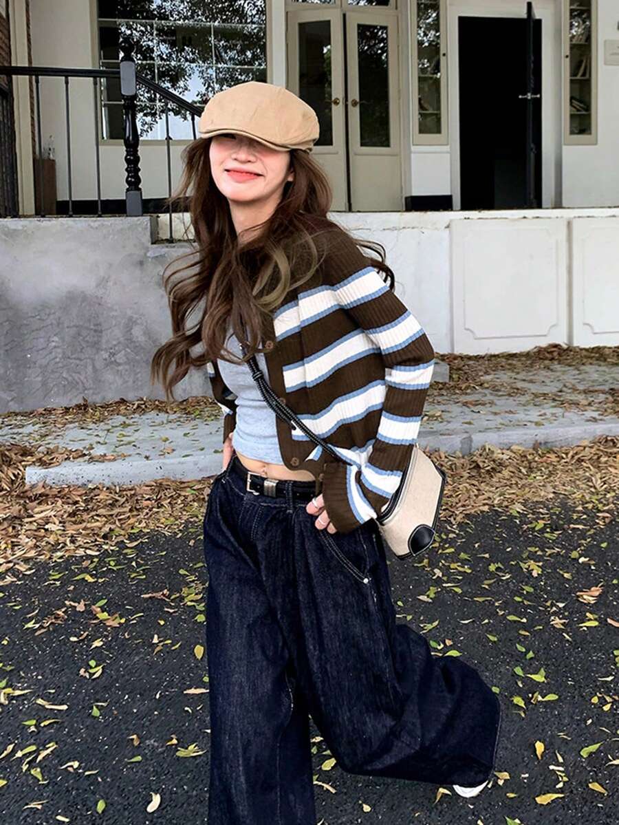 Women's Contrast Striped Knit Sweater, Autumn Fashion Elegant Slimming Short Cardigan (Random Stripes) - Brown - View 1
