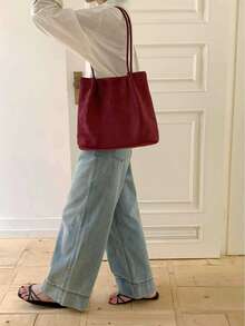Dedoo Women's Vertical Tote Shoulder Bag, Burgundy Solid Color Suede, Thin Drawstring Strap, Large Capacity Minimalist Vintage, Suitable For Autumn/Winter Daily Commute - Burgundy - View 3