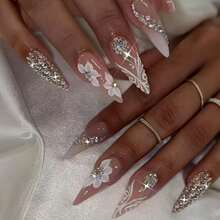 24/12pcs Long Water Drop Shaped Press-On Nails, Shiny Rhinestone Gradient Floral Pattern, Sweet Cool European Style Nail Stickers, Suitable For Women - Multicolor - View 3