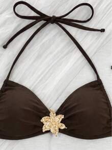 Spring/Summer New Brown Elegant Casual Beach Vacation Party Date Metal Flower Decor Halter Bikini Set Set - Brown - View 4