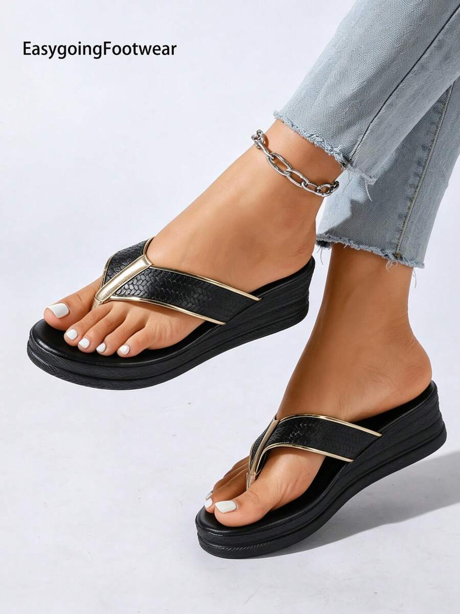 Women's Woven Texture Gold Patchwork Thong Slide Sandals, Lightweight Thick Sole Height-Increasing Comfortable Summer Essential