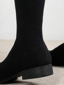 SHIHUA Women's Mid-Calf Elastic Knit Flat Round Toe Slimming Tall Boots With Pearl Decor, Versatile For Skirts, Preppy Style - Black - View 7