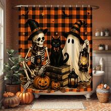1/4pcs Halloween Funny Skeleton Ghost Black Cat Shower Curtain Set, With 12 Hooks Waterproof Polyester Bath Curtain, Bathroom Curtain, Privacy, Thickened, Durable Quick Dry, 180*180cm Size, Halloween Thanksgiving Autumn Harvest Bathroom Decor - A - View 22